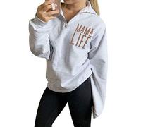 Dresswel Women Zip Up Sweatshirt Mama Life Pullover Stand Collar Long Sleeve Tops Coat Jumpers Light Grey, Size L