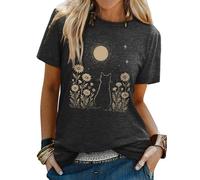 Dresswel Women's Cat T Shirts Vintage Boho Graphic Print Ladies T-Shirt