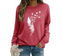 Dresswel Womens Feather Print Sweatshirt Crew Neck Long Sleeve Tops Jumpers for Ladies Teenage Girls