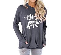 Dresswel Womens Mama Bear Jumper Crew Neck Sweatshirt Oversized Long Sleeve Tops Pullover with Pockets Grey