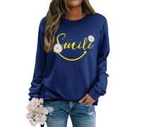 Dresswel Womens Sweatshirts Smile Graphic Ladies Jumpers Long Sleeve Tops | Vintage Funny Face Print Crewneck Basic Cotton Pullover Blouse
