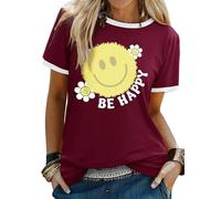 Dresswel Womens T-Shirt Cute Be Happy Funny Smile Face Graphic Print Tee Shirts Summer Tops