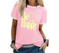 Dresswel Womens T-Shirt Cute Be Happy Funny Smile Face Graphic Print Tee Shirts Summer Tops
