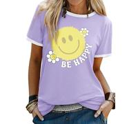 Dresswel Womens T-Shirt Cute Be Happy Funny Smile Face Graphic Print Tee Shirts Summer Tops