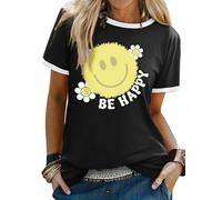 Dresswel Womens T-Shirt Cute Be Happy Funny Smile Face Graphic Print Tee Shirts Summer Tops