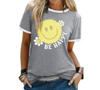 Dresswel Womens T-Shirt Cute Be Happy Funny Smile Face Graphic Print Tee Shirts Summer Tops