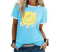 Dresswel Womens T-Shirt Cute Be Happy Funny Smile Face Graphic Print Tee Shirts Summer Tops