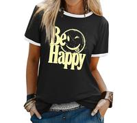 Dresswel Womens T-Shirt Cute Be Happy Funny Smile Face Graphic Print Tee Shirts Summer Tops A-Black