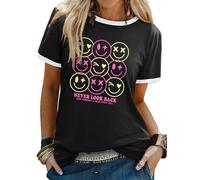 Dresswel Womens T-Shirt Give Yourself A Smile Everyday Funny Smile Face Graphic Print Tee Shirts Summer Tops B-Black