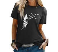 Dresswel Women's T Shirts Feather Print Crew Neck T-Shirt Summer Tops | Casual Short Sleeve Peace Dove Graphic Basic Cotton Tee Shirts