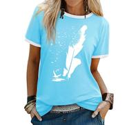 Dresswel Women's T Shirts Feather Print Crew Neck T-Shirt Summer Tops | Casual Short Sleeve Peace Dove Graphic Basic Cotton Tee Shirts