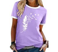 Dresswel Women's T Shirts Feather Print Crew Neck T-Shirt Summer Tops | Casual Short Sleeve Peace Dove Graphic Basic Cotton Tee Shirts