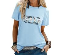 Dresswel Womens T Shirts It's Ok to Feel All The Feels Mental Health T-Shirt Daisy Graphic Print Tees Summer Tops(Light Blue,M)