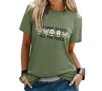 Dresswel Womens T Shirts It's Ok to Feel All The Feels Mental Health T-Shirt Daisy Graphic Print Tees Summer Tops(Olive Green,S)