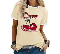 Dresswel Women's T-Shirts Sweet Girl Cherry Graphic Print Tshirt Crew Neck Short Sleeve Color Block Summer Tee Tops Apricot
