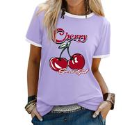 Dresswel Women's T-Shirts Sweet Girl Cherry Graphic Print Tshirt Crew Neck Short Sleeve Color Block Summer Tee Tops Purple