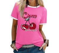 Dresswel Women's T-Shirts Sweet Girl Cherry Graphic Print Tshirt Crew Neck Short Sleeve Color Block Summer Tee Tops Dark Pink