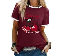 Dresswel Women's T-Shirts Sweet Girl Cherry Graphic Print Tshirt Crew Neck Short Sleeve Color Block Summer Tee Tops Wine Red