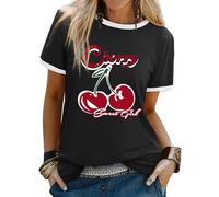 Dresswel Women's T-Shirts Sweet Girl Cherry Graphic Print Tshirt Crew Neck Short Sleeve Color Block Summer Tee Tops Black