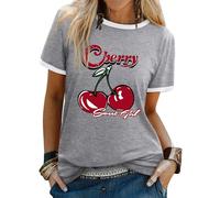 Dresswel Women's T-Shirts Sweet Girl Cherry Graphic Print Tshirt Crew Neck Short Sleeve Color Block Summer Tee Tops Grey