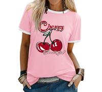 Dresswel Women's T-Shirts Sweet Girl Cherry Graphic Print Tshirt Crew Neck Short Sleeve Color Block Summer Tee Tops Light Pink