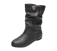 Dressy Ankle Boots Low Heel, Women's Slouchy Leather Ankle Boots Ruched Low Heel Casual Comfortable Winter Fall Mid Calf Dress Short Boots Round Toe Slip On Flats for Going Out Hiking Traveling Grey