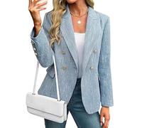 Dressy Casual Blazers for Women Tweed Plaid Double Breasted Work Jackets Long Sleeve Open Front Fashion Office Blazer Light Blue Medium