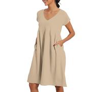 Dressy Sale of Clearance Summer Dress for Women UK New Women's Round Neck Dress Casual and Comfortable Cotton Short Sleeves Beach with Pockets Summer for Plus Size Women Beige