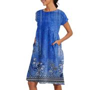 Dressy Sale of Clearance Women Summer Dress 2025 New Women's Round Neck Dress Casual and Comfortable Cotton Short Sleeves Beach with Pockets Summer Plus Size Blue