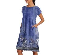 Dressy Sale of Clearance Women Summer Dress 2025 New Women's Round Neck Dress Casual and Comfortable Cotton Short Sleeves Beach with Pockets Summer Women Plus Size Dark Blue