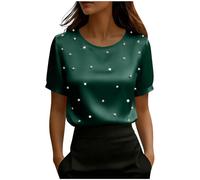Dressy Tops for Women UK Pearls Embellished Satin Shirts Elegant Round Neck Short Sleeve Silk Blouses Loose Fit Satin Evening Party Tees Summer Comfort Pull on T-shirt for Cocktail Night Date