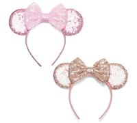 Dresyu Mouse Ears Headbands Sequin Bow Mouse Ears Glitter Party Decoration Cosplay Halloween Costume for Women, 2PC: PinkGold+Pink, 1 Count (Pack of 2)