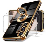 Dretal for Samsung Galaxy S25 5G Case, 2X Screen Protector, 360° Rotatable Ring Holder Magnetic Kickstand,Plated Gold Edge Slim Soft TPU Protective Phone Cover for Galaxy S25 5G (Black)