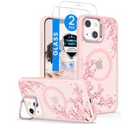 Dretal Magnetic Floral Case for iPhone 13 & iPhone 14 6.1", Screen Protector X2,Built-in Lens Ring Stand,Military-Grade Protection,Translucent Matte Magnetic Shockproof Flower Pattern Case - Sakura