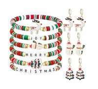 Dreuyet 12PCS Christmas Bracelets and Earrings Set Joy Merry Heishi Surfer Stretch Bracelets Cute Christmas Trees Elk Snowflakes Snowman Hoop Earrings for Women Holiday Xmas Party Jewelry Gifts