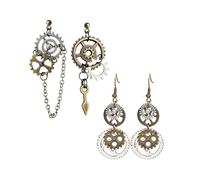 Dreuyet 2 Pairs Gear Steampunk Earrings for Women Men Handmade Vintage Punk Clockwork Dangle Drop Earrings Antique Clock Gear Stud Earring Halloween Accessories, M, Metal, No Gemstone