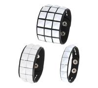 Dreuyet 3 Piece Checkered Leather Bracelet Set Black White PU Wristband Adjustable Gothic Punk Style Halloween Accessories for Men Women, M, Faux Leather