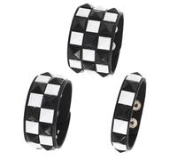 Dreuyet 3 Piece Checkered Leather Bracelet Set Black White PU Wristband Adjustable Gothic Punk Style Halloween Accessories for Men Women, M, Faux Leather, no gemstone