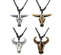 Dreuyet 4 PCS Western Cowboy Tribal Necklace Bohemian Ox Head Shape Cow Animal Pendant Necklaces Set for Men Women Boy Girl Vintage Bull Head Ethnic Necklace Vacation Beach Statement Cheetah Jewelry,