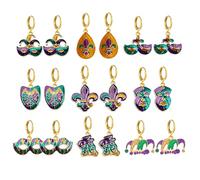 Dreuyet 9 Pairs Mardi Gras Earrings Hoops Glitter Fleur De Lis Feather Mask Crown Jester Hat Dangling Hoop Earrings Carnival Earrings Set Fat Tuesday Jewelry Accessories, Small, Alloy Steel, No