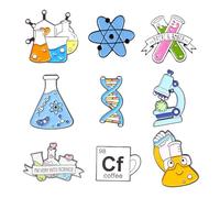 Dreuyet 9 Pcs Science Enamel Pins Cute Biochemistry DNA Microscopy Reagents Chemical Molecules Scientist Laboratory Science Theme Party Favors Lapel Pin for Bag Backpack Back to School Gifts, Middle