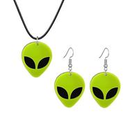 Dreuyet Alien Earrings Necklace for Women Funny Cute Cartoon Green Space Head Novelty Earrings Glitter Alien Outer Space Galaxy Necklace Halloween Jewelry, Middle, Acrylic, No Gemstone
