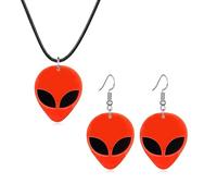 Dreuyet Alien Earrings Necklace for Women Funny Cute Cartoon Green Space Head Novelty Earrings Glitter Alien Outer Space Galaxy Necklace Halloween Jewelry, Middle, Acrylic, No Gemstone
