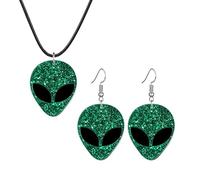 Dreuyet Alien Earrings Necklace for Women Funny Cute Cartoon Green Space Head Novelty Earrings Glitter Alien Outer Space Galaxy Necklace Halloween Jewelry, Middle, Acrylic, No Gemstone