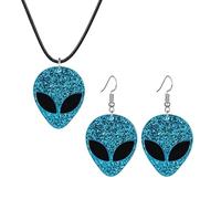Dreuyet Alien Earrings Necklace for Women Funny Cute Cartoon Green Space Head Novelty Earrings Glitter Alien Outer Space Galaxy Necklace Halloween Jewelry, Middle, Acrylic, No Gemstone