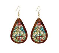 Dreuyet Bohemian Wood Teardrop Earrings for Women Ethnic Handmade Stained Glass Windows Waterdrop Acrylic Earrings Natural Wooden Geometric Colorful Flower Leaf Cross Statement Jewelry, Middle, Wood