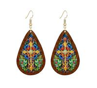 Dreuyet Bohemian Wood Teardrop Earrings for Women Ethnic Handmade Stained Glass Windows Waterdrop Acrylic Earrings Natural Wooden Geometric Colorful Flower Leaf Cross Statement Jewelry, Middle, Wood