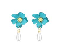 Dreuyet Boho Daisy Flower With White Pearl Earrings for Women Chic Layered Tiered Matte Flower Pearl Drop Dangle Earring Summer Holiday Wedding Jewelry (lack blue)