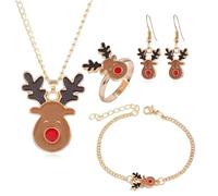 Dreuyet Christmas 4Pcs Earrings Necklace for Women Cute Santa Claus Tree Small Bell Elk Snowman Rings Bracelet Set Thanksgiving Xmas Holiday Jewelry, M, Zinc, No Gemstone