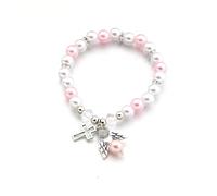 Dreuyet Cross Angel Bracelet Pendant Bracelet for Women Trendy Simulated Pearl Beads Bracelets Handmade Stretch Cross Bracelets First Communion Baptism or Christening Gift, Non adjustable, Zinc, no